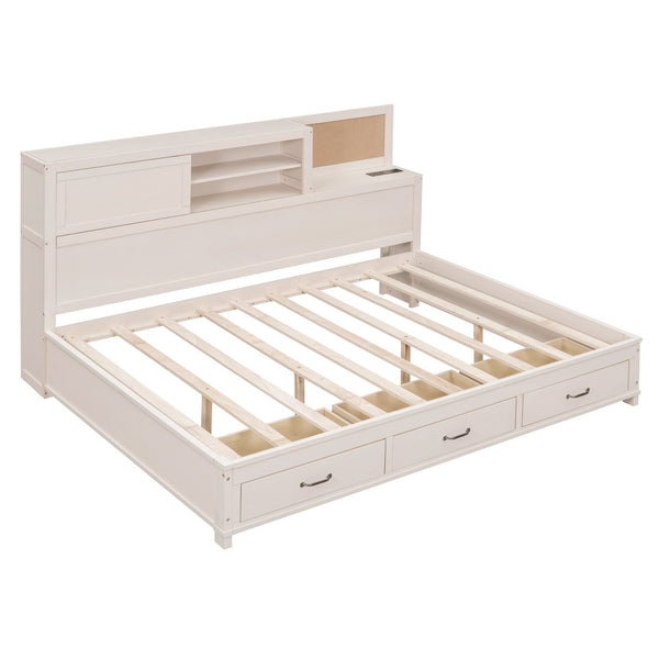 English Elm Full Size Gray Wood Daybed with Storage Drawers Shelf Usb Charging Upholstered Back LP002025AAK-1