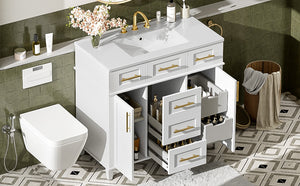 English Elm 36" White Bathroom Vanity Cabinet with Ceramic Sink, Gold Handles, Soft-Close Drawers & Adjustable Shelf N729P204177K