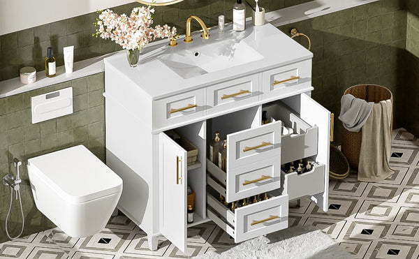 English Elm 36" White Bathroom Vanity Cabinet with Ceramic Sink, Gold Handles, Soft-Close Drawers & Adjustable Shelf N729P204177K