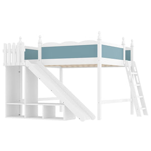 English Elm Queen Loft Bed With Storage Shelves, Fun Detachable Slide, Solid Wood Design, Blue & White Finish W1580S00249-GIGA