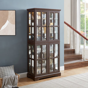 English Elm Curio Clear Glass Display Cabinet with Lattice Doors, Adjustable Shelves, E26 Bulb Included, Vintage Chic Cherry W2275P231688