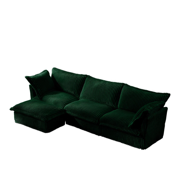 English Elm L-Shaped Slipcovered Sectional Sofa - Cloud Comfort With Convertible Ottoman, Green Corduroy & 2 Pillows W3041S00082