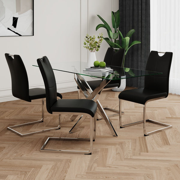 English Elm Modern Faux Leather Dining Side Chairs with Chrome Legs Ergonomic Set of 2 Black+Silver W210127285