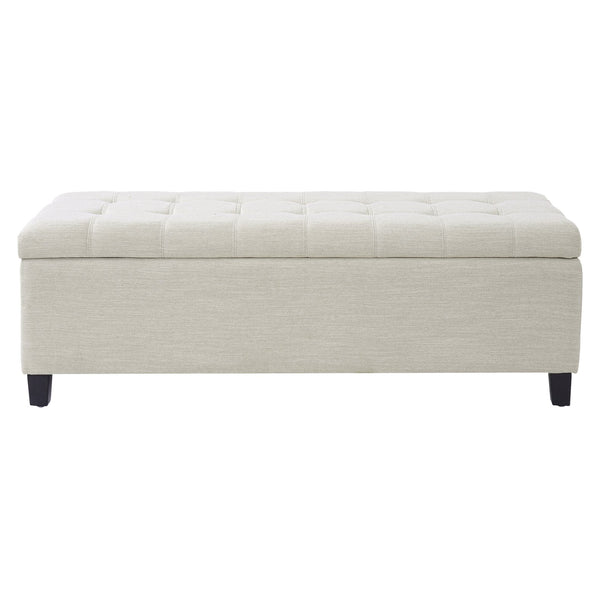 English Elm Upholstered Boucle Storage Bench Flip Top Lid Rubberwood Legs Bedroom Entryway Seating Beige N779P395018B