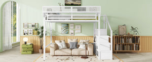 English Elm Queen Size Loft Bed With Stairs & Storage Shelves - Stylish Metal Frame For Kids & Teens, White W2580S00031-GIGA
