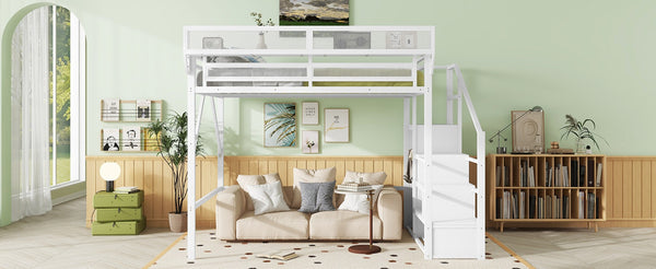 English Elm Queen Size Loft Bed With Stairs & Storage Shelves - Stylish Metal Frame For Kids & Teens, White W2580S00031-GIGA