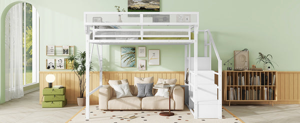 English Elm Queen Metal Loft Bed with Wardrobe Stairs and Mesh Shelves for Teen Bedroom W2580S00057