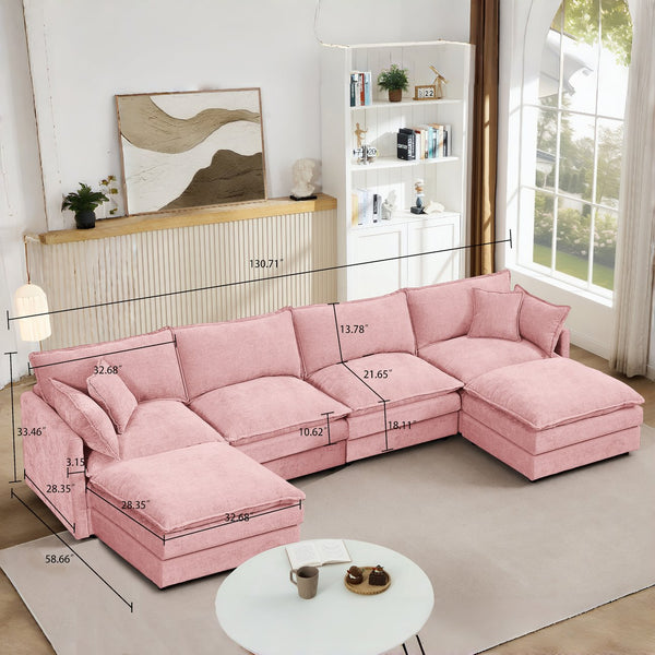 English Elm Modular U-Shaped Sectional Sofa, 4-Seater Pink Chenille Couch With Movable Ottomans For Custom Comfort W1359S00037