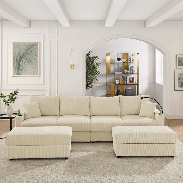 English Elm U-shaped Corduroy Sectional Sofa with Ottomans Cup Holders and Deep Lounge Seating W1117S00217