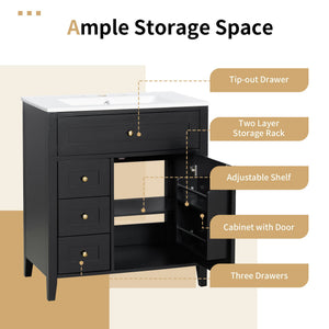 English Elm 30-Inch Contemporary Bathroom Vanity with Sink, MDF & Rubberwood, Glossy Finish, 3 Drawers + Cabinet Black N725P350819B