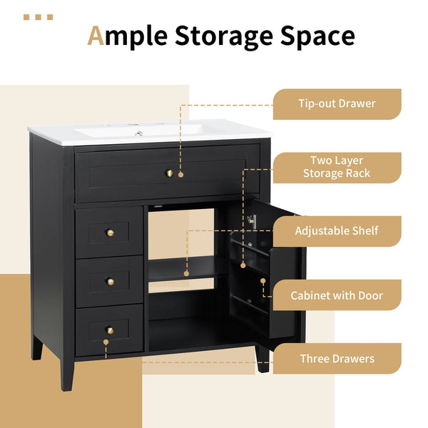 English Elm 30-Inch Contemporary Bathroom Vanity with Sink, MDF & Rubberwood, Glossy Finish, 3 Drawers + Cabinet Black N725P350819B