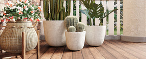 English Elm U_style Mgo Round Planters Set of Three Crackle Stone Texture Patio Garden Pots Beige N711P406660A