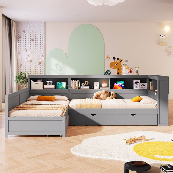 English Elm Wood Twin L-shaped Platform Bed Trundle Shelves Charging Station Kids Room Grey N7090001045E-1