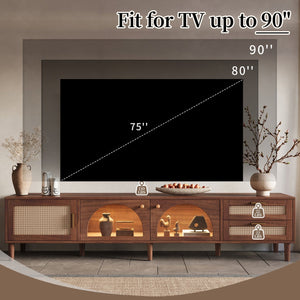 English Elm 86 Inch Rattan Media Console with Led Lighting Two Drawers Modern Living Room Tv Stand N710P438977P