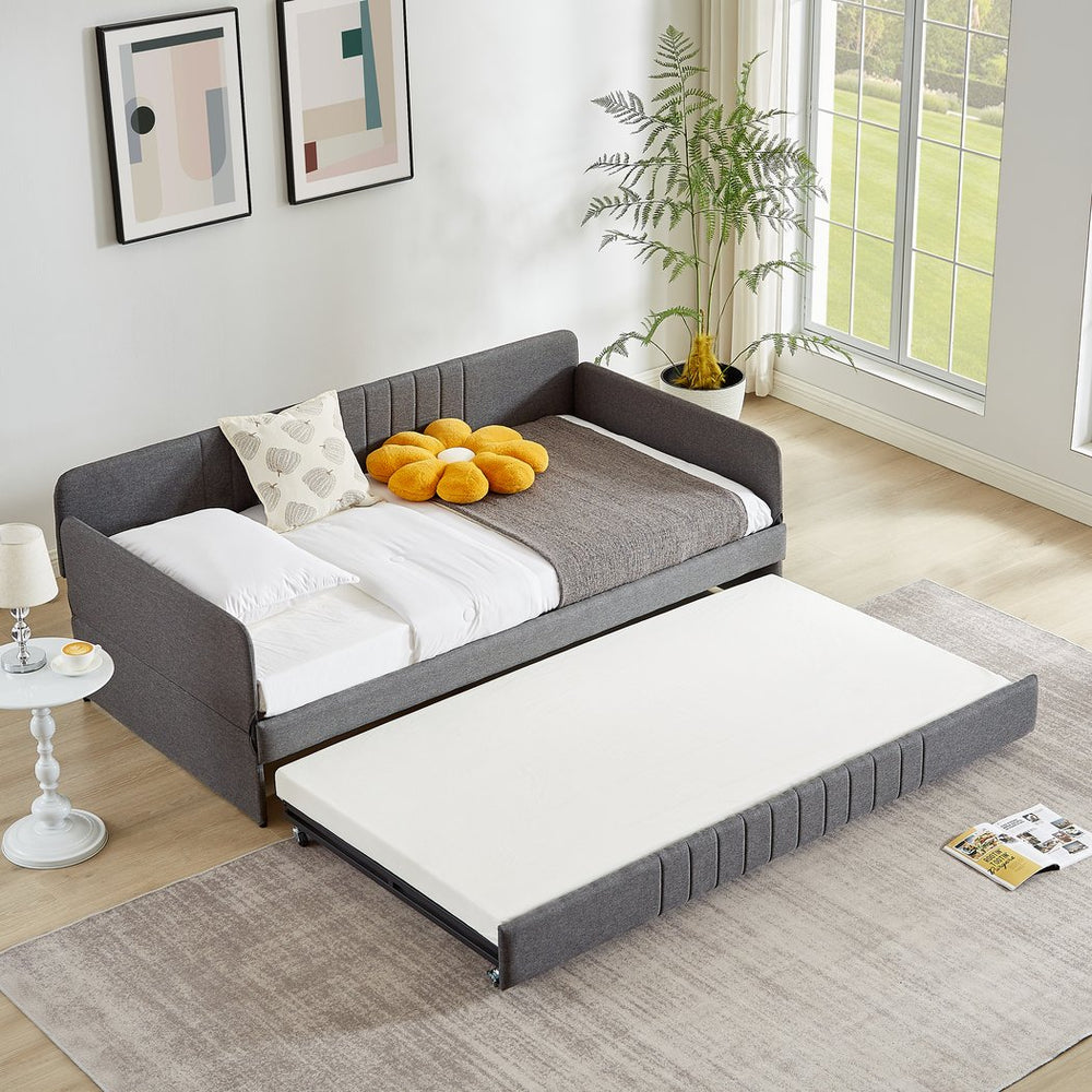 English Elm Daybed, Grey Metal Framed Sofa Bed with Twin Trundle, Durable Iron Frame, 6"-8" Mattress Fit, 78.4" W1162P214581