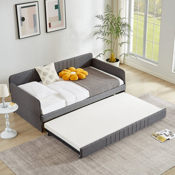 English Elm Daybed, Grey Metal Framed Sofa Bed with Twin Trundle, Durable Iron Frame, 6"-8" Mattress Fit, 78.4" W1162P214581