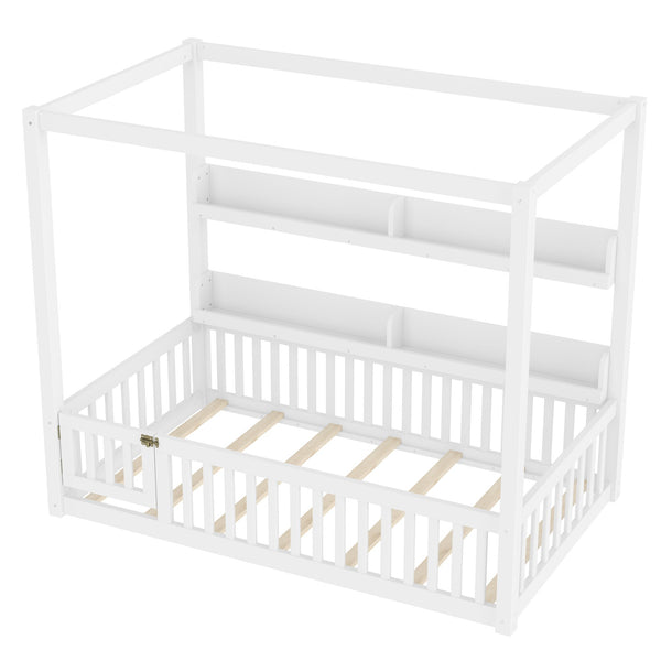 English Elm Twin House Floor Bed with Door and Full-Length Guardrails, Solid Wood Double Twin Floor Bed for Kids' Playful Rooms Light White W1580P359327