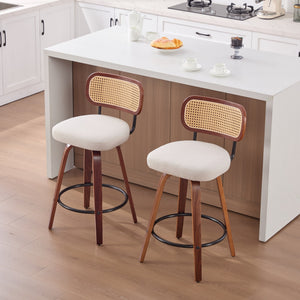 English Elm Set of 2 Swivel Counter Stools Walnut Frame Rattan Back Linen Seat Kitchen Island Beige W1143P392171