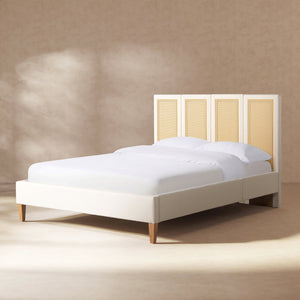 English Elm Jennifer Taylor Home - Toscana Queen Upholstered Cane Back Bed - Coastal Elegance In Antique White With Rattan Panels B2719P385736