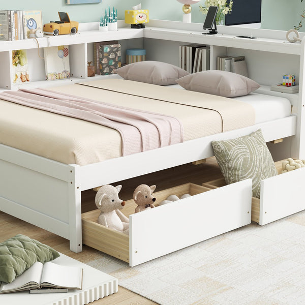 English Elm Full Platform Bed with L-shaped Bookcase Built-in Power Outlets and Storage Drawers White W504S00340