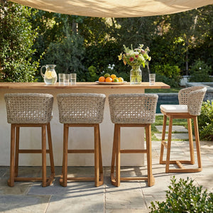English Elm Outdoor Acacia Wood Barstools Set of 4 Wicker Back Teak Finish Patio Seating N773OB00134B