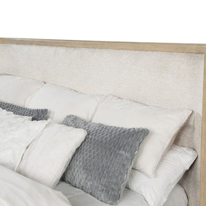 English Elm Funston Queen Bed with Tan Upholstered Headboard and Warm Oak Grain Wood Frame B062S01738