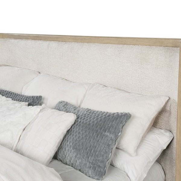 English Elm Funston Queen Bed with Tan Upholstered Headboard and Warm Oak Grain Wood Frame B062S01738