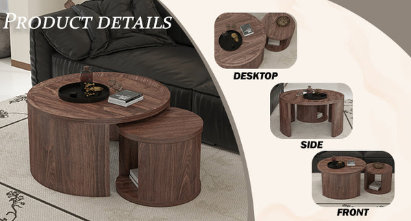 English Elm Round Nesting Coffee Tables Natural Wood Grain Scandinavian Set for Living Room W1727S00092