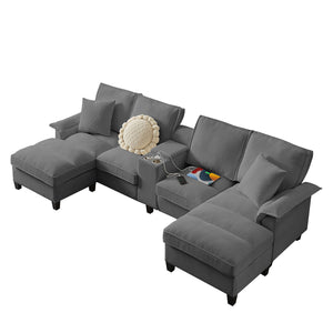 English Elm 120" Modular Corduroy Sectional Sofa Bed with Storage, U-Shaped 4-Seater, Cup Holders & Console Gray W1359S00012