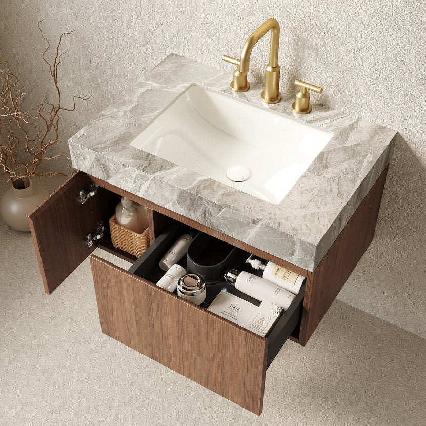 English Elm Muri Floating Bathroom Vanity Plywood Cabinet Sintered Stone Top Oak Drawer W2615S00594