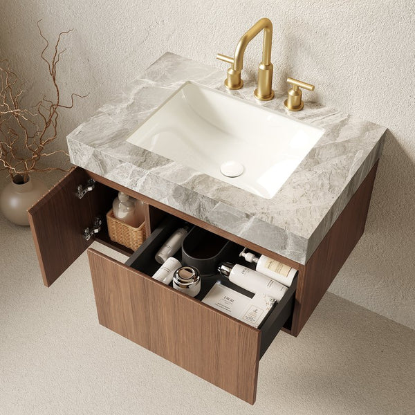 English Elm Muri Floating Bathroom Vanity Plywood Cabinet Sintered Stone Top Oak Drawer W2615S00594