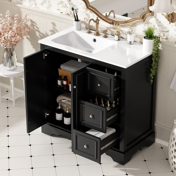 English Elm 36'' Transitional Bathroom Vanity with Ceramic Sink, Solid Wood Frame, Adjustable U-Shelf & Soft-Close Doors Black N729P292966B