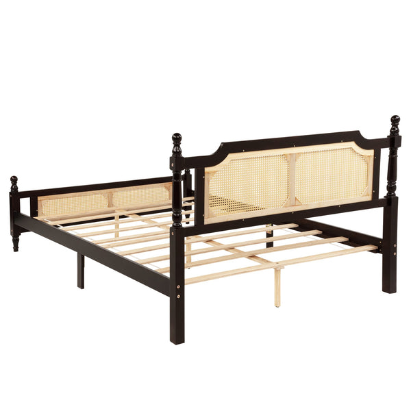 English Elm Queen Pine Rattan Bed in Espresso — Classic Pine Wood Queen Frame, Space-Saving Platform, 400lb Capacity W504P266746