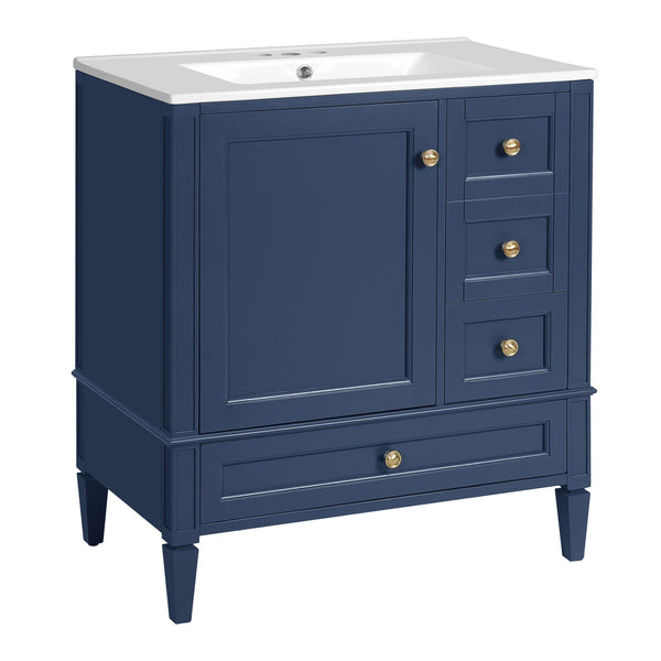 English Elm 30 30 Inch Bathroom Vanity with Ceramic Sink, Modern Compact 3-Drawer Storage Cabinet for Small Baths Blue N710P247499C