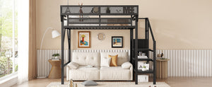 English Elm Twin Twin Size Loft Bed with Stairs and Built-In Shelves, Metal High Loft with Wardrobe for Kids Teens Black W2580S00035