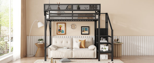 English Elm Twin Twin Size Loft Bed with Stairs and Built-In Shelves, Metal High Loft with Wardrobe for Kids Teens Black W2580S00035