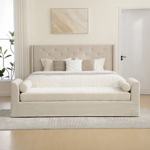 English Elm 88.58" Wide Chenille Upholstered Bench with Curved Armrests and Bolster Pillows for Bedroom Beige W3189S00027