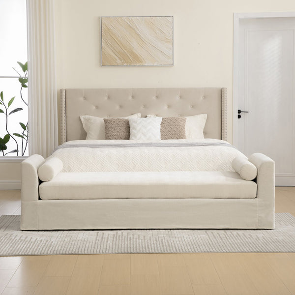 English Elm 88.58" Wide Chenille Upholstered Bench with Curved Armrests and Bolster Pillows for Bedroom Beige W3189S00027