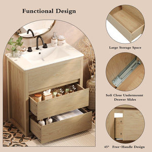 English Elm Christopher Knight Home® - 60" Double Sinks Bathroom Vanity Set with Two Ceramic Basins, Soft-Close Drawers, Sleek Handle-Free Design Natural Wood N817P280550N