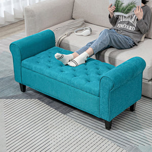 English Elm HOMCOM Tufted 50" Storage Ottoman Bench with Rolled Arms, Velvet Seat, Wooden Legs & Safety Hinge (Teal) W2225P229390