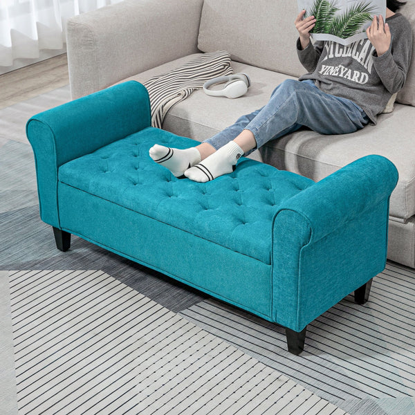 English Elm HOMCOM Tufted 50" Storage Ottoman Bench with Rolled Arms, Velvet Seat, Wooden Legs & Safety Hinge (Teal) W2225P229390