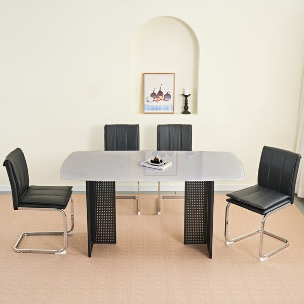 English Elm Modern Pu Leather Cantilever Dining Chairs Set of 4 with Steel Arc Frame for Kitchen Black And Silver W5123P454214