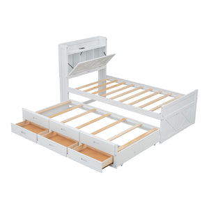 English Elm Twin Storage Bed with Headboard Outlets, Extendable Trundle & 3 Drawers, Durable MDF/Plywood Design White 80.5 L x 17.75 W x 5.25 H N733S172839K