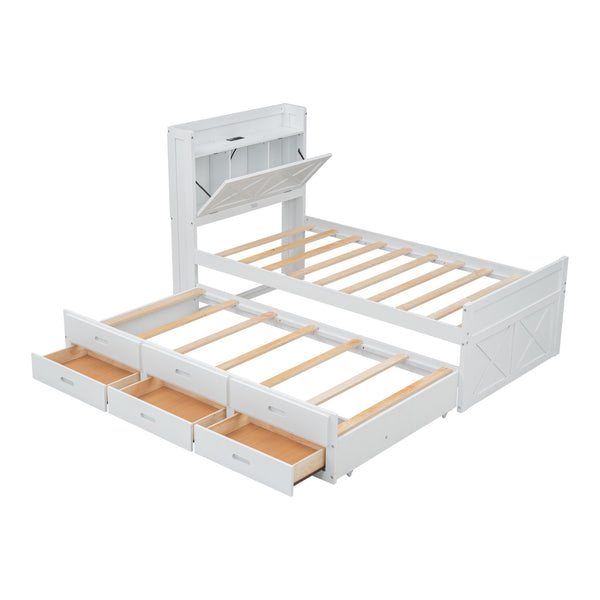 English Elm Twin Storage Bed with Headboard Outlets, Extendable Trundle & 3 Drawers, Durable MDF/Plywood Design White 80.5 L x 17.75 W x 5.25 H N733S172839K