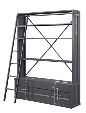 English Elm Cargo Gunmetal Industrial Bookcase w/Removable Ladder, 4 Open Compartments, 2 Doors, Metal Cargo Container Style Lock B2726P285840