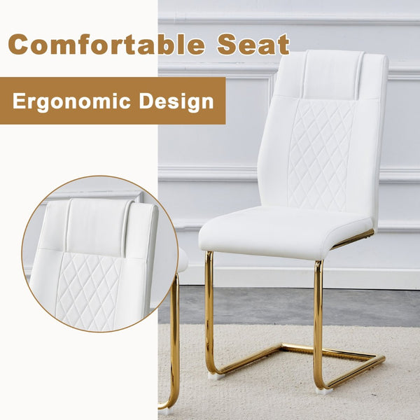 English Elm Table And Chair Set - Luxurious 71" Pandora Glass Top With Gold C-Shaped Legs & 8 White Pu Chairs W1151S03228-GIGA