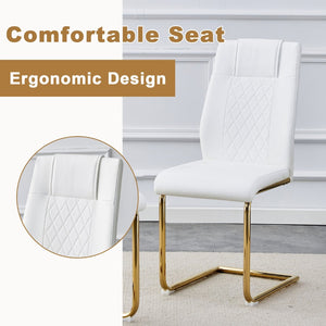 English Elm Table And Chair Set: Luxurious 71" Pandora Glass Dining Table With Gold Legs & 6 White Pu Chairs W1151S03227-GIGA