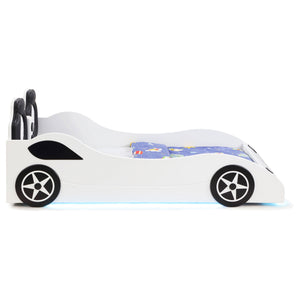 English Elm Solana Race Car Twin Bed with LED Underglow Lights, Padded Headboard, White Wood, Playful Design B062S01109