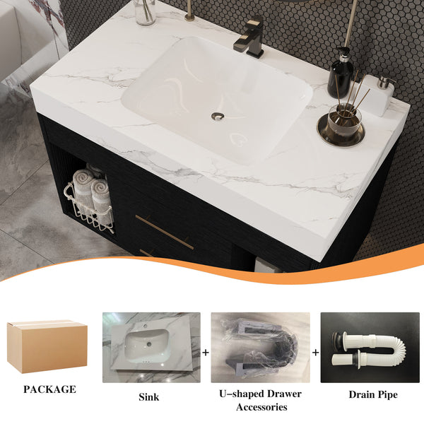 English Elm 29.9" Floating Bathroom Vanity Sintered Stone Top Soft Close Drawers Bronze Gold Hardware W3136S00038