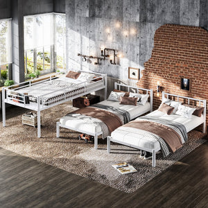 English Elm Twin Triple Bunk Bed Metal L-shaped Frame Sleeps Three Kids White Finish White W1580S00616